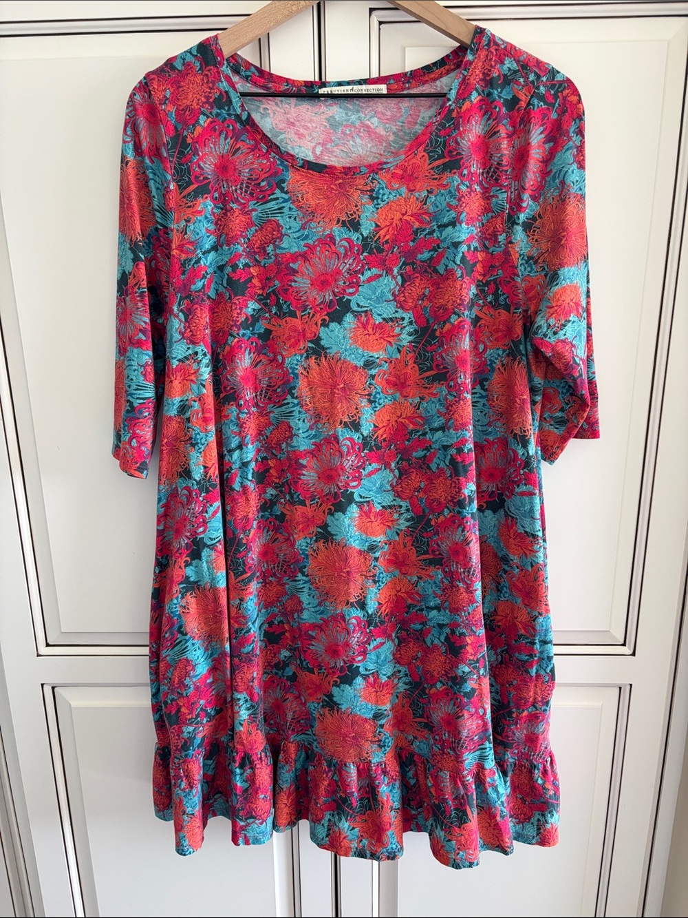 Peruvian Connection Pink Blue Floral Pima Cotton Boho Midi Dress Women Size XL